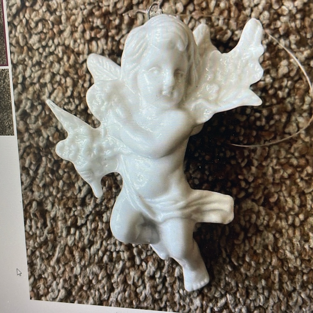 Glazed porcelain flying white cherub angel ornament